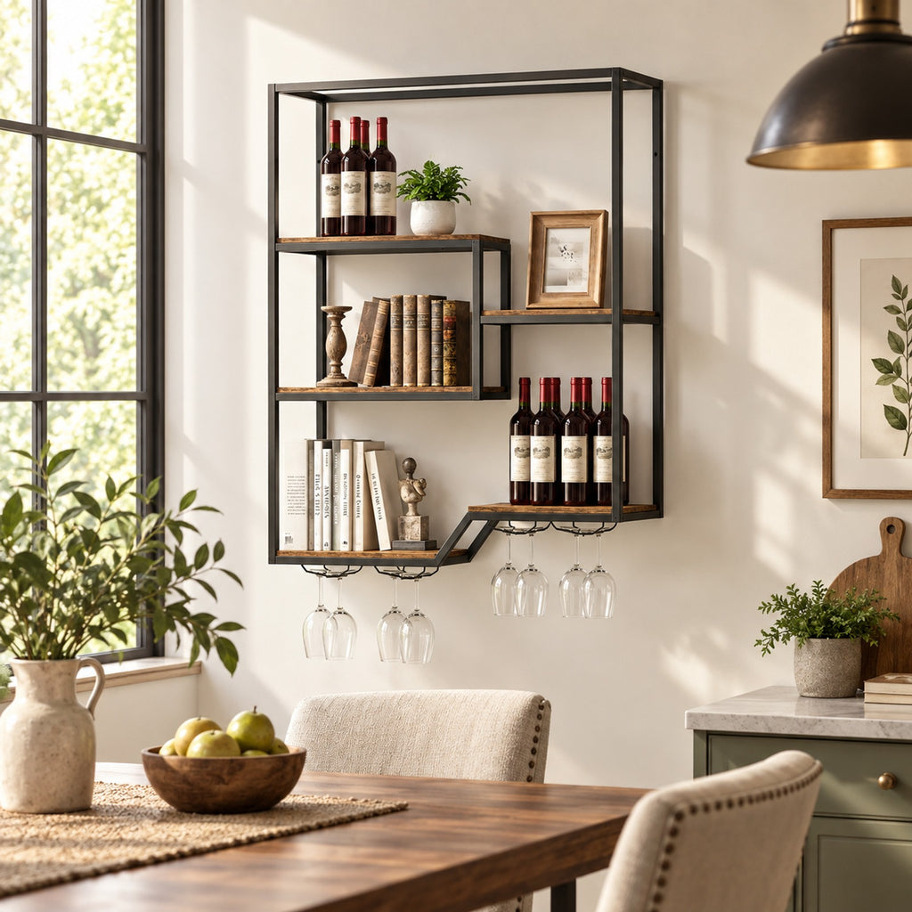 Airfind Wall Mounted Wine Rack 6-Tier Hanging Bar Shelf with Bottle Display Shelf and Glass Holder, Shelf 33 lbs Total Capacity, Brown