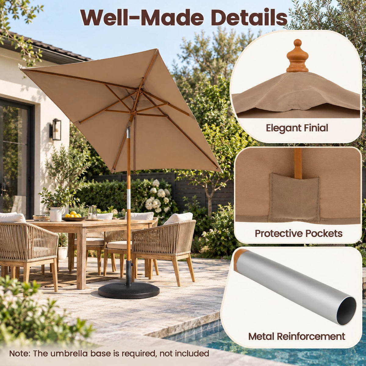 Airfind 7 Feet Outdoor Rectangular Patio Umbrella with 3 Adjustable Heights, Fabric Hardwood Bamboo Frame, 7 x 5.5 x 7.7 ft Umbrella Footprint