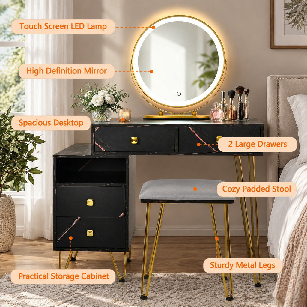 Airfind Modern Dressing Table with Storage Cabinet, 88 lbs Capacity, Steel plywood wood sponge glass Frame, 31.5in x 16in x 30in Footprint, Black