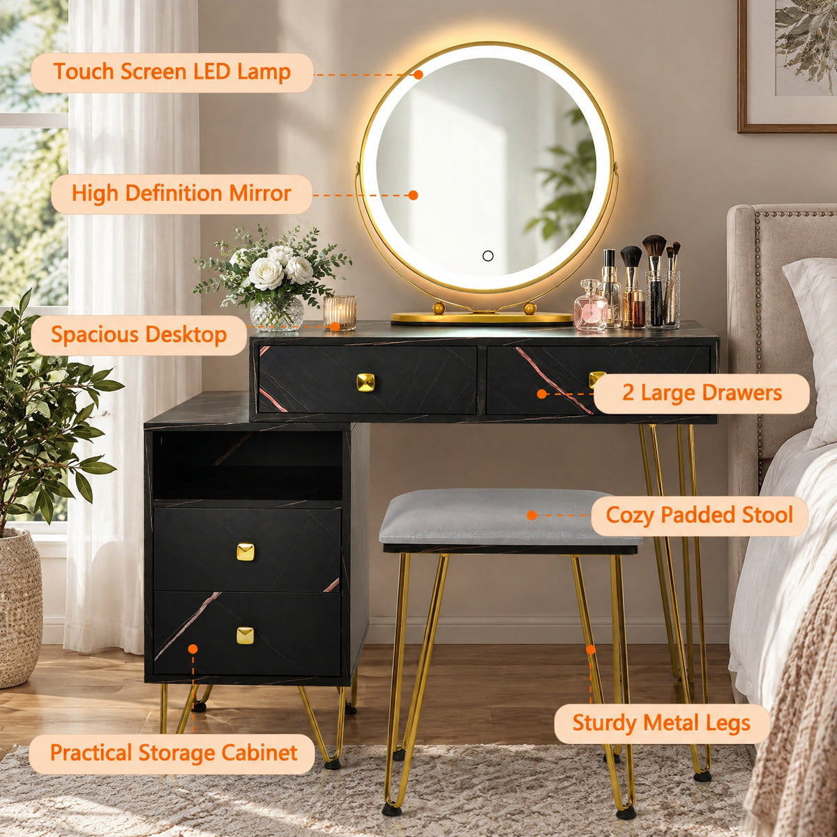 Airfind Modern Dressing Table with Storage Cabinet, 88 lbs Capacity, Steel plywood wood sponge glass Frame, 31.5in x 16in x 30in Footprint, Black