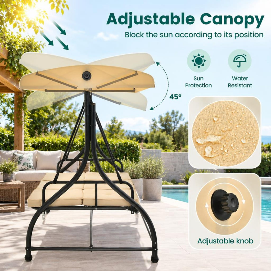 Airfind 3 Seat Outdoor Porch Swing with Adjustable Canopy, Metal Polyester Cotton Seat Height: 20 Frame, Beige