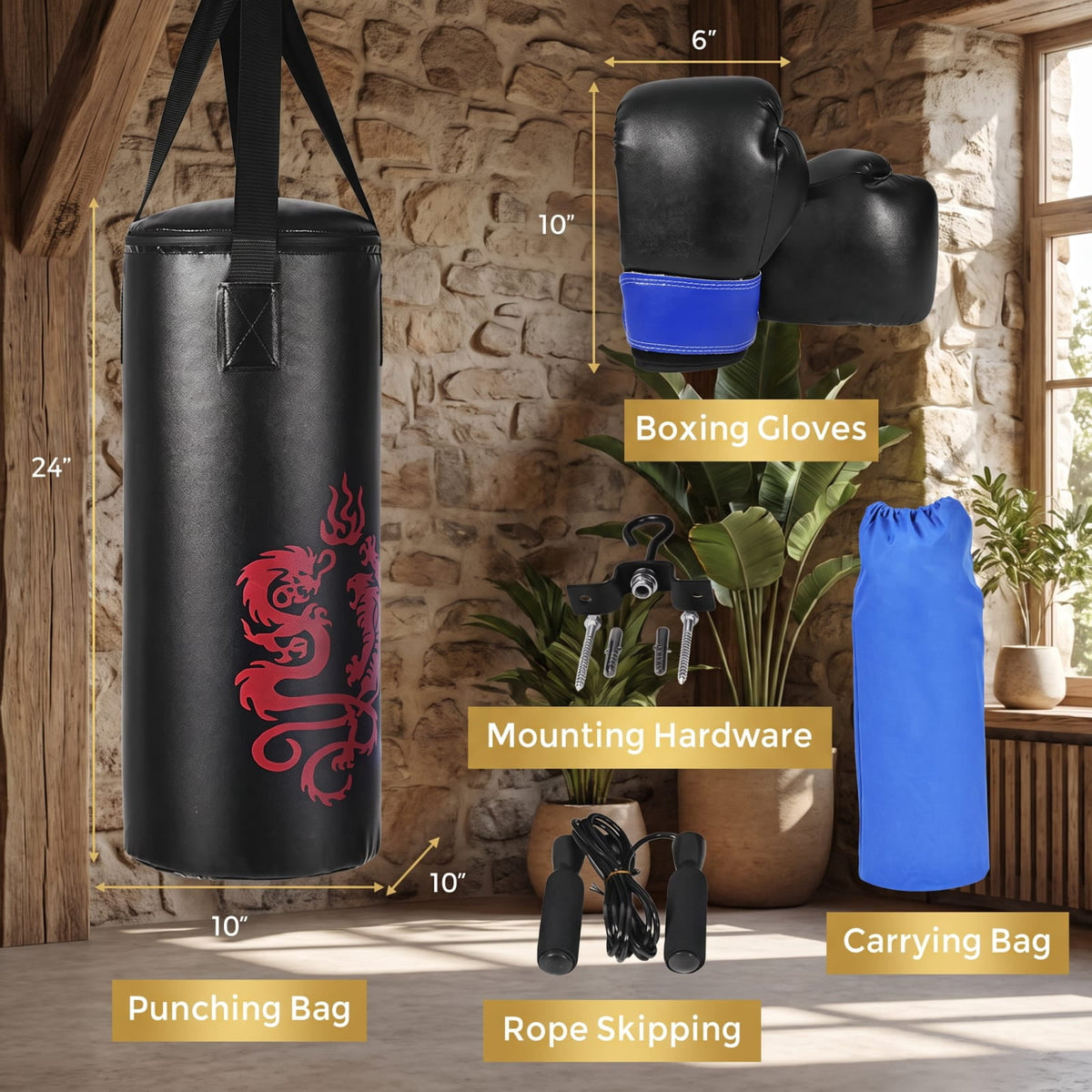 Airfind 2 Foot Kids Hanging Punching Bag Boxing Set with Gloves Skipping Rope and Rucksack for Junior Home Training, Black