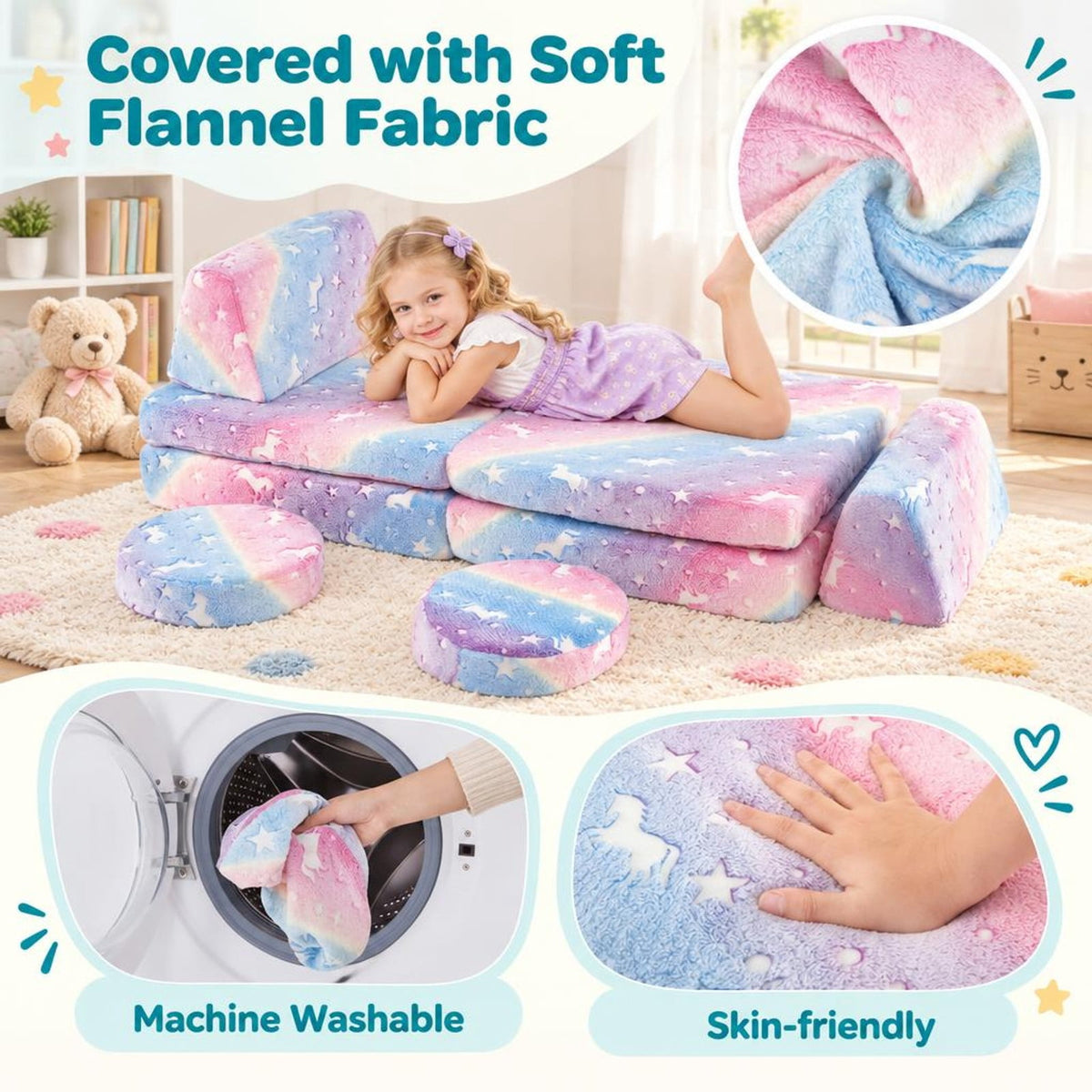 Airfind Play Couch Set, Modular Youth, Glow in the Dark with Portable Handles, Flannel Fabric Sponge Frame, for 3+ Years Old, Natural