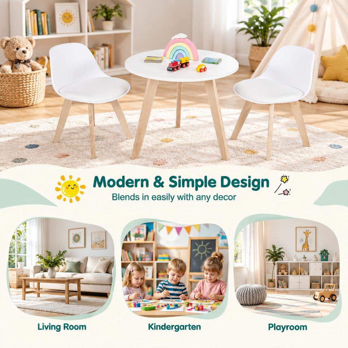 Airfind Modern Kids Activity Play Table and 2 Chairs Set with Beech Leg Cushion, 176 lbs Capacity, MDF beech wood PP Frame, 23.5 x 20 Footprint