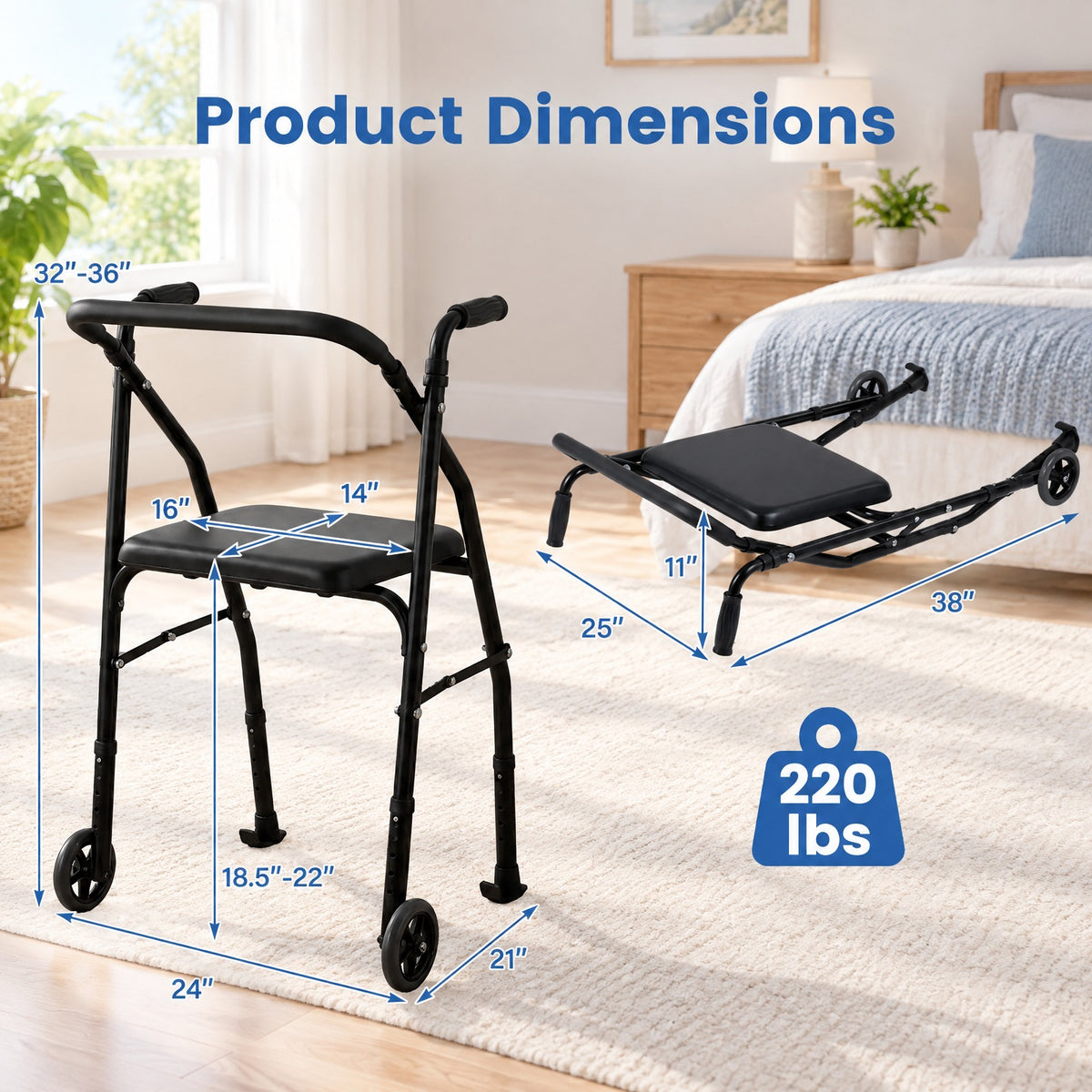 Airfind Lightweight Aluminum Mobility Walker for Seniors with 2 Wheels 5-Level Adjustable Height and Padded Seat, 220 lbs Capacity, Black