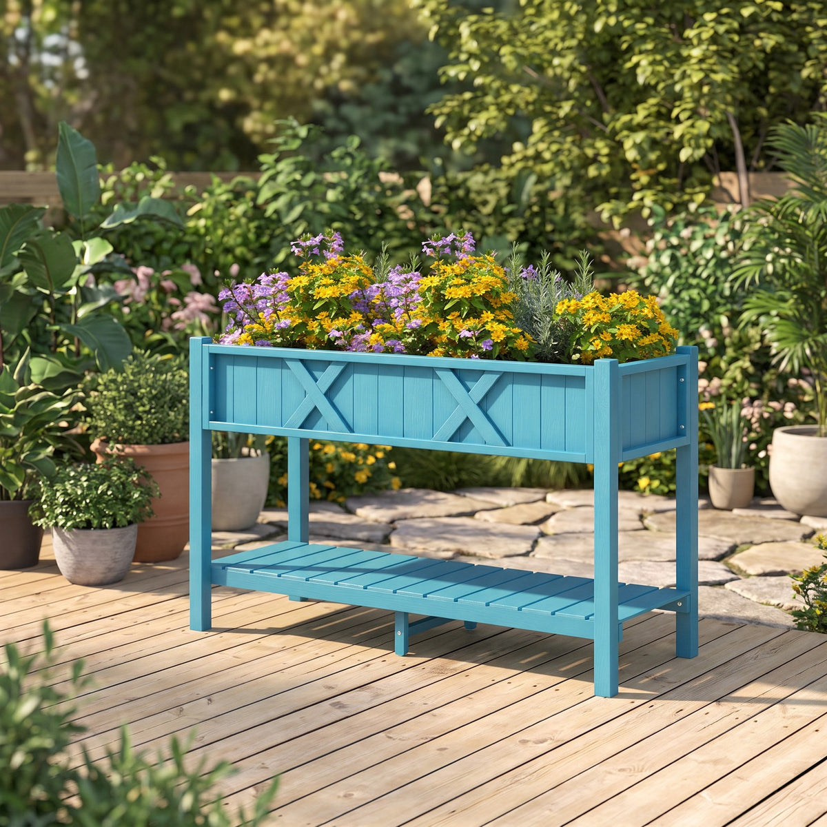 Airfind Poly Wood Elevated Planter Box with Legs Storage Shelf Drainage Holes, HIPS Frame, 47 x 18 x 29 (L x W x H) Interior Footprint, Blue