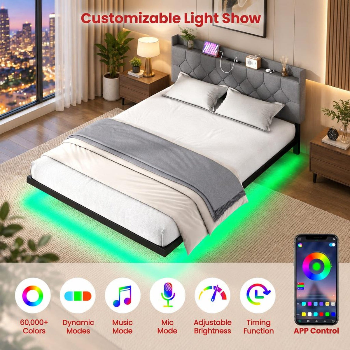 Airfind Full/Queen Size Floating Bed Frame with LED and Headboard and Charging Station, 660 lbs Capacity, 78.5 Inch x 55.5 Inch x 34 Inch Bed Platform Footprint
