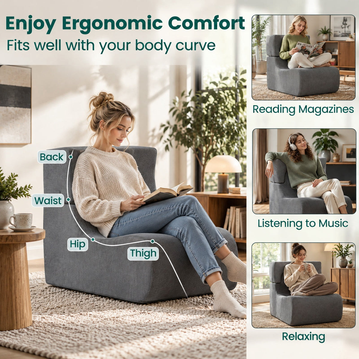 Airfind Floor Chair, Lazy Sofa with Detachable Headrest, 350 lbs Capacity, Ice Velvet Sponge Frame with Functional Design, Gray