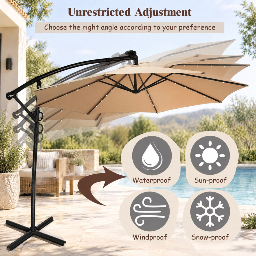 Airfind 10 ft 360° Rotation Solar Powered LED Patio Offset Umbrella without Weight Base, Steel aluminum polyester fabric Frame, 10 x 7.5 Footprint