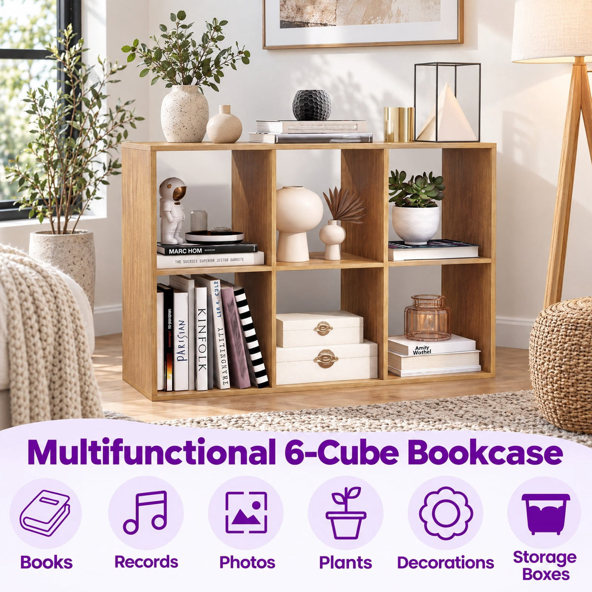 Airfind 6 Cube Bookshelf with Back Guardrail for Living Room Bedroom, 154 lbs Capacity, Engineered Wood Frame, 41 Inch x 13 Inch x 27.5 Inch Footprint, Natural