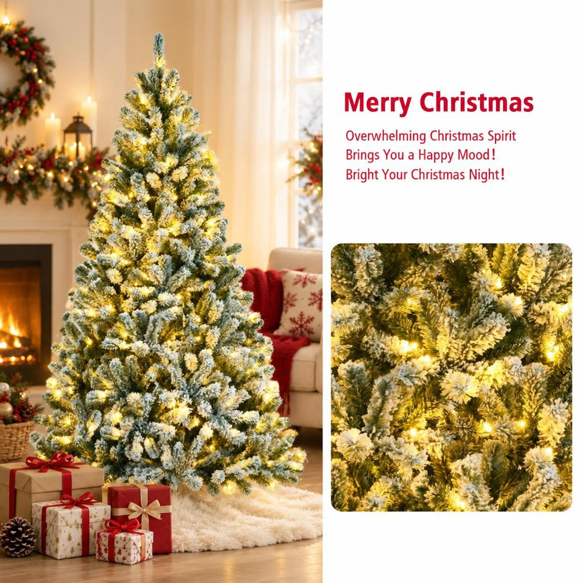 Airfind 6 Feet Pre-lit Snow Flocked Hinged Christmas Tree with 928 Tips and Metal Stand-6 ft, PVC metal Frame, 3.4 x 6/4 x 7/4.9 x 8 Footprint