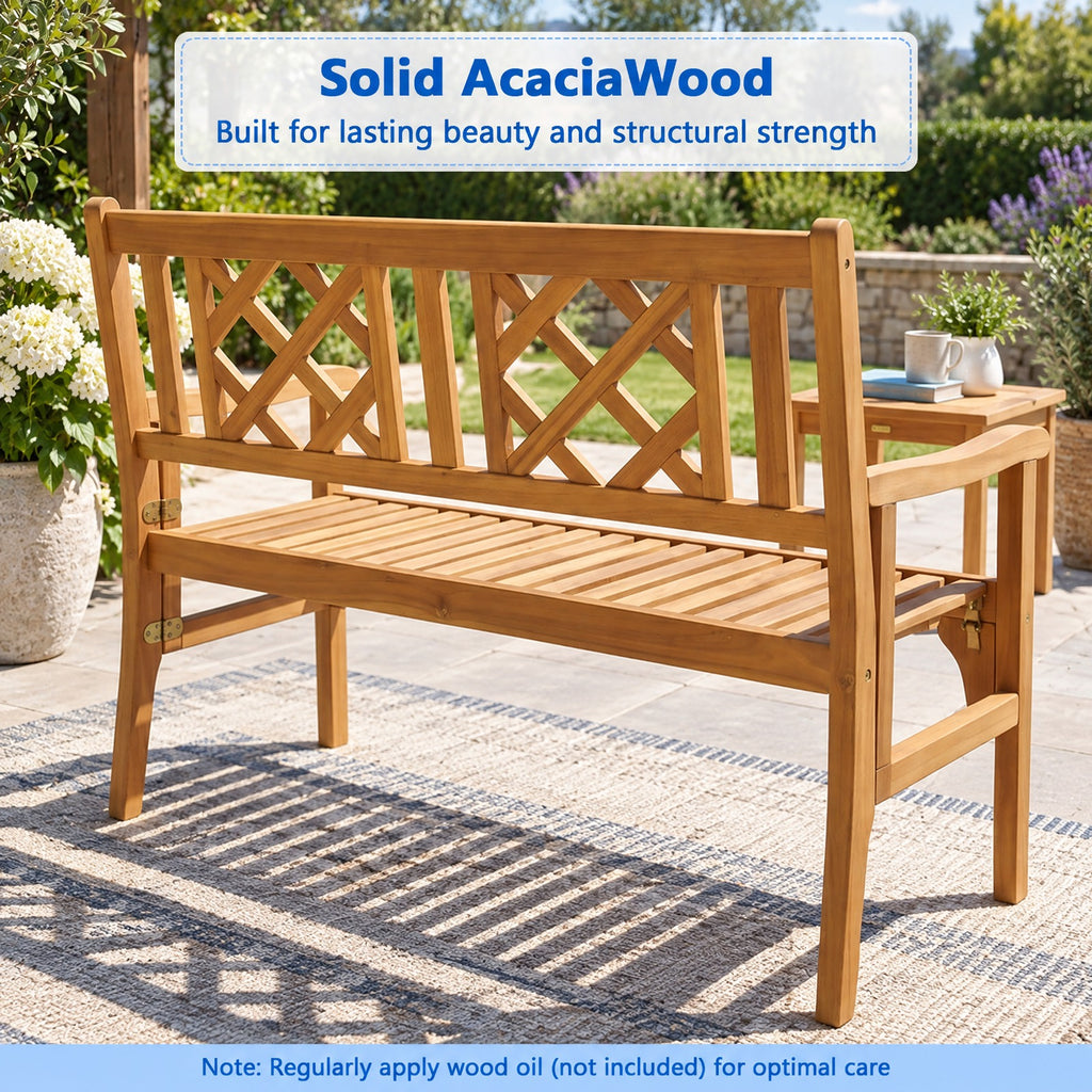 Airfind Patio Foldable Bench with Curved Backrest and Armrest, 705 lbs Capacity, Acacia wood Frame, Teak
