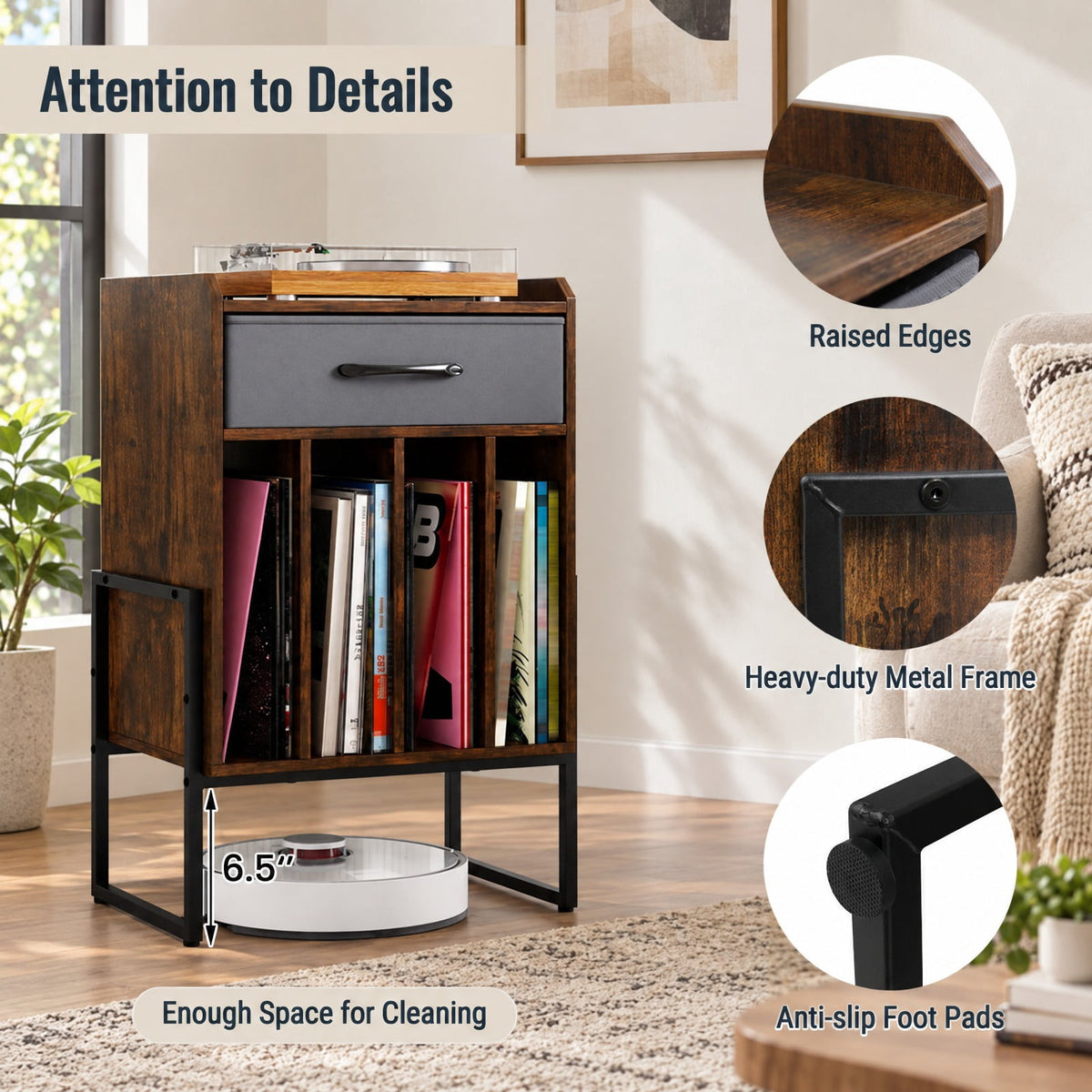 Airfind Record Player Stand with Drawer and Record Holder, 66 lbs Capacity, Engineered Wood MDF Metal Non-woven Fabric Frame, Brown