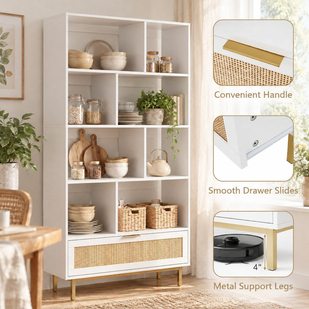 Airfind 64 inch 6-Tier Tall Wooden Bookcase with 8 Open Cubes, 33 lbs Capacity, Engineered Wood Metal Frame, 33in x 12in x 64in Footprint, White