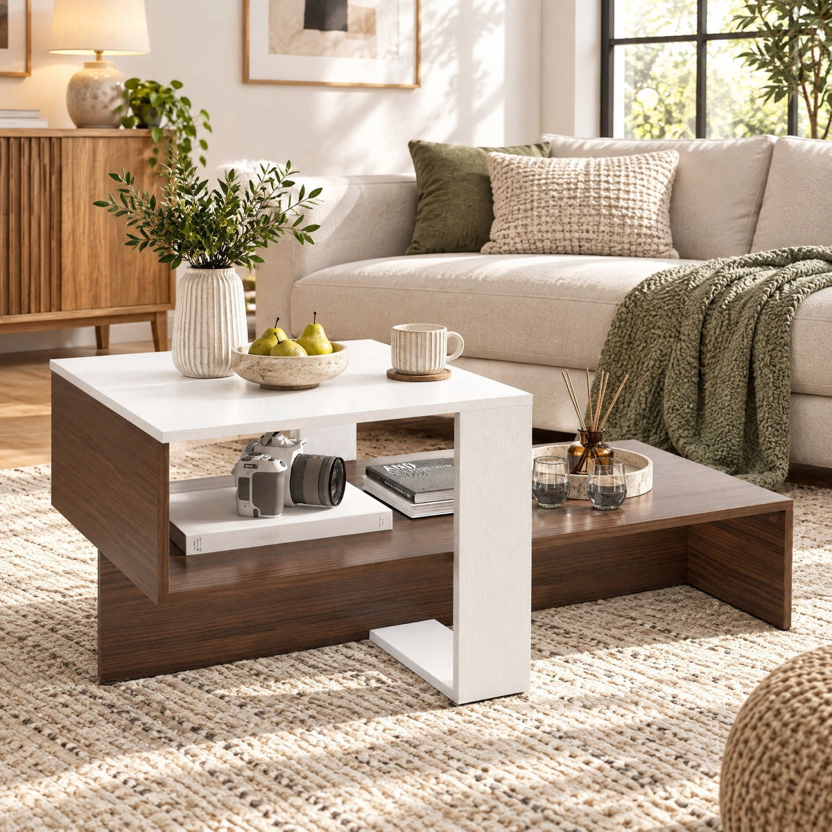 Airfind 2-Tier Geometric Coffee Table with Storage Shelves for Living Room and Reception Room, 110 lbs Capacity, Engineered Wood Frame, White