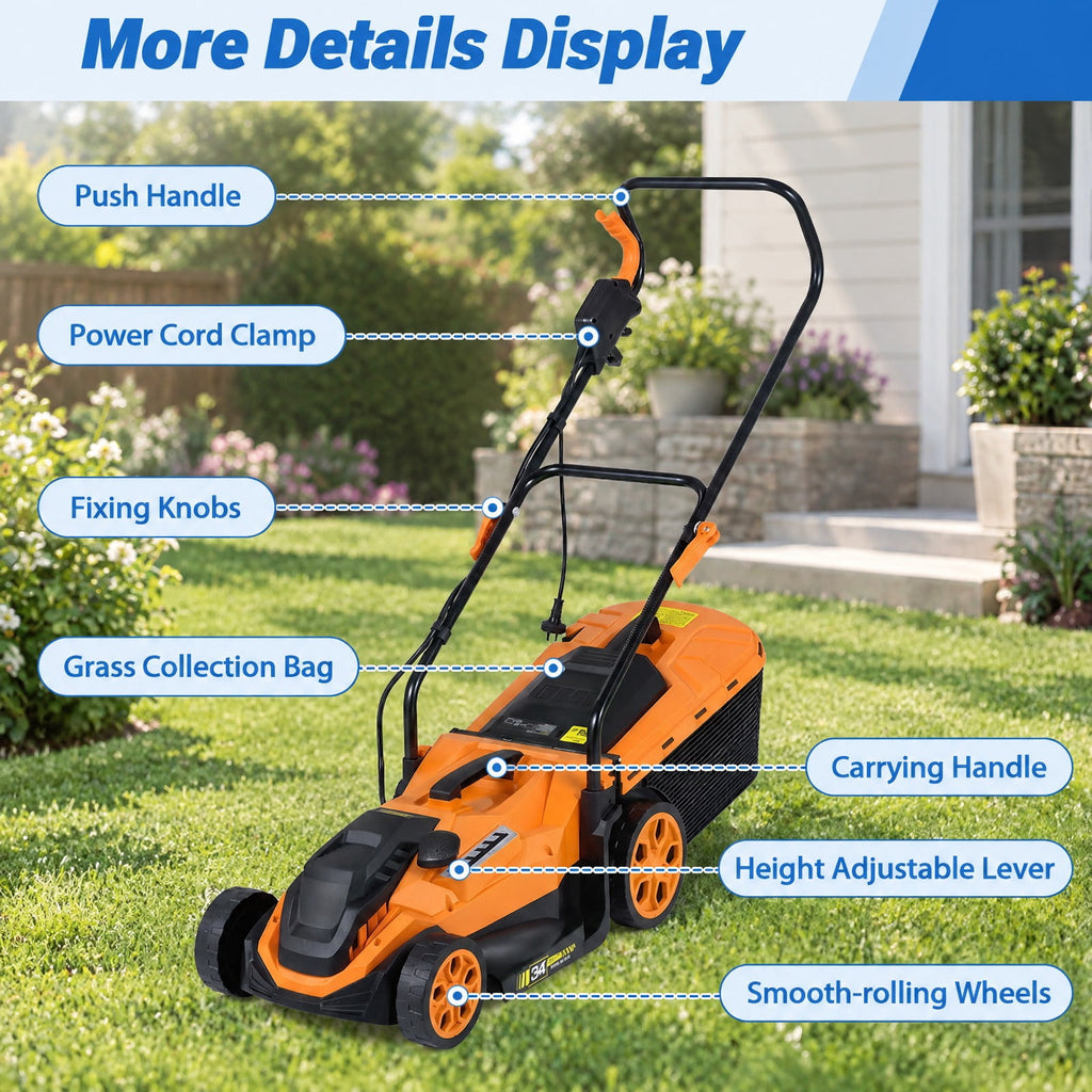 Airfind 14-Inch 12-Amp Corded Electric Lawn Mower w/ 5-Position Height Adjustment, Metal Frame, 44-45.5 x 14 x 38.5-39.5 Footprint, Orange