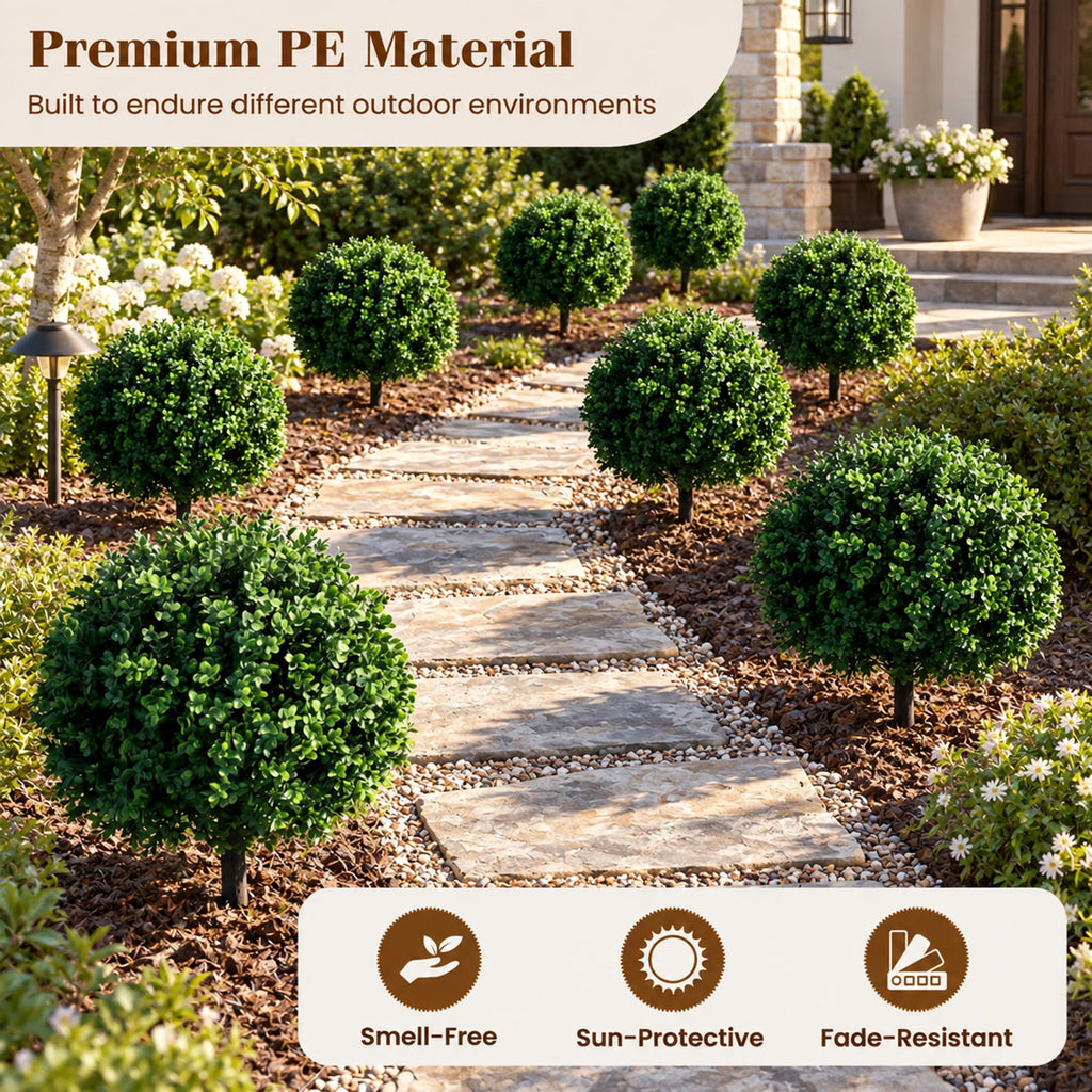 Airfind 27 Inch Artificial Boxwood Topiary Trees Set of 2 with Ground Spikes for Porch Patio, 14 Inch x 27 Inch Length of Ground Spike 8 Inch Total Footprint