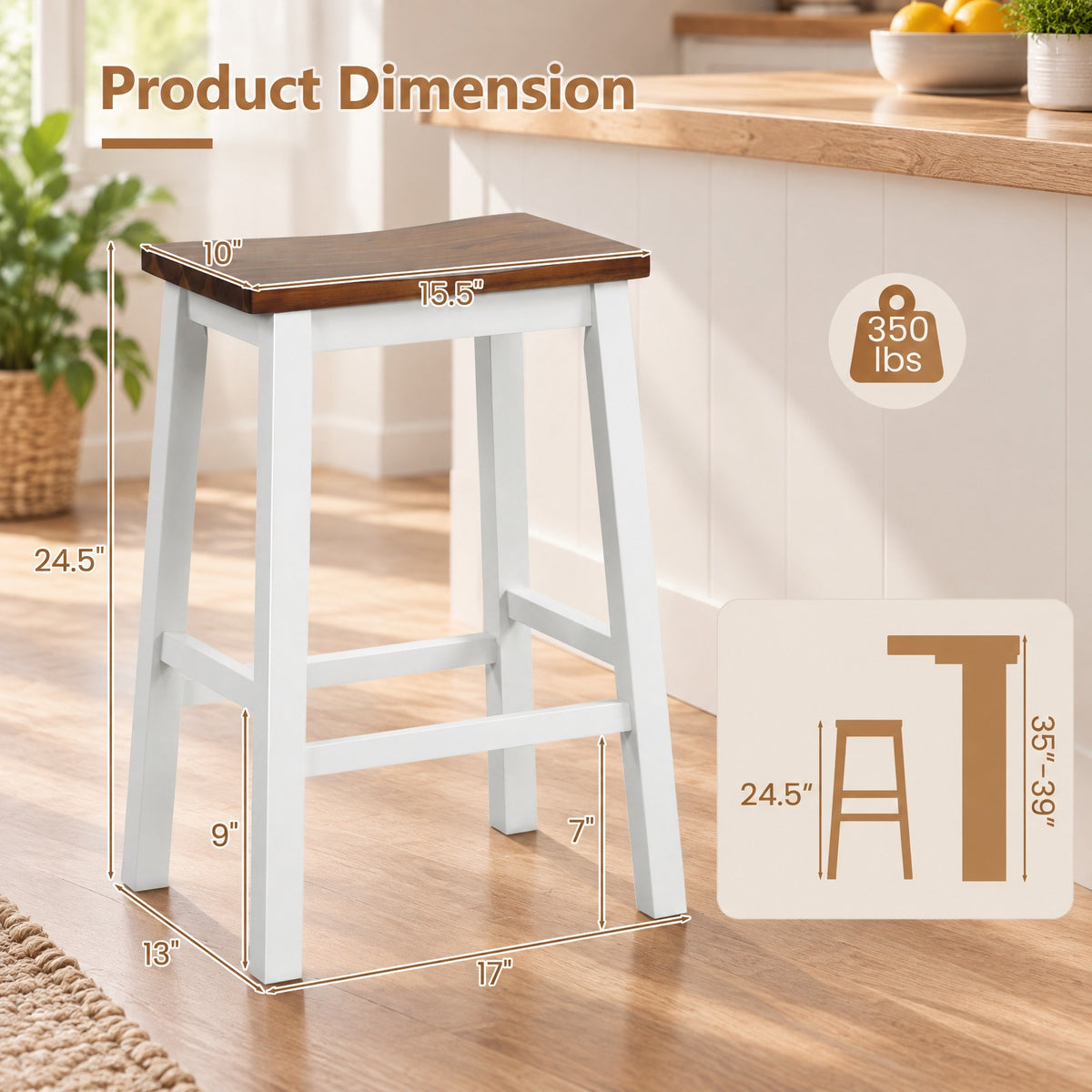 Airfind 24.5-Inch Set of 2 Saddle Stools Bar Stools with Footrests for Kitchen Island-Walnut and Gray, 350 lbs Capacity, Rubber Wood Acacia Wood Frame