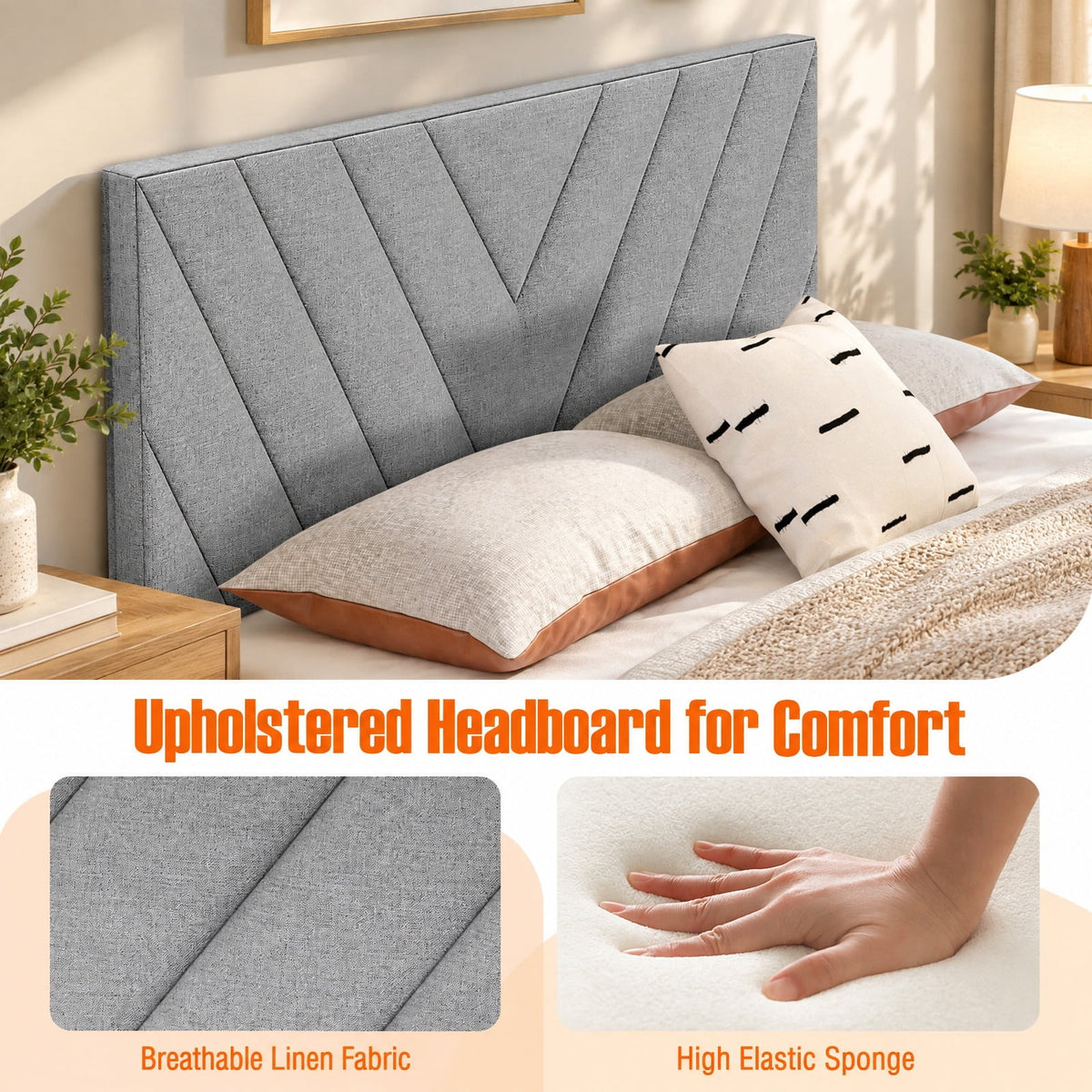 Airfind Linen Upholstered Headboard for Full and Queen Size Bed Frames, Linen Fabric Sponge Rubber Wood MDF Frame, 64 x 3 x 45.5 Footprint, Gray