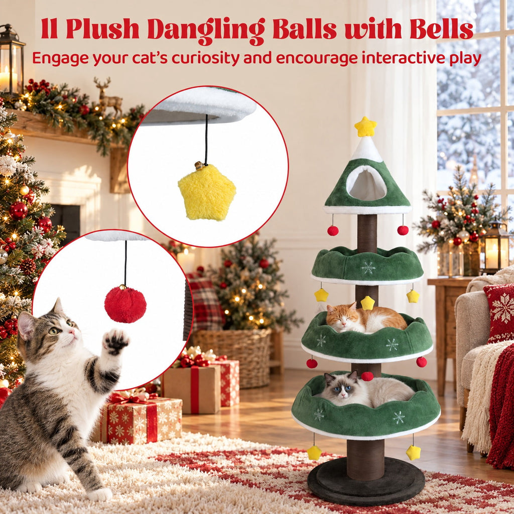 Airfind Multi-level Christmas Cat Tree with 3 Platforms and Upholstered Top Perch, 33 lbs Capacity, 27.5in x 70.5in Base Footprint, Multicolor