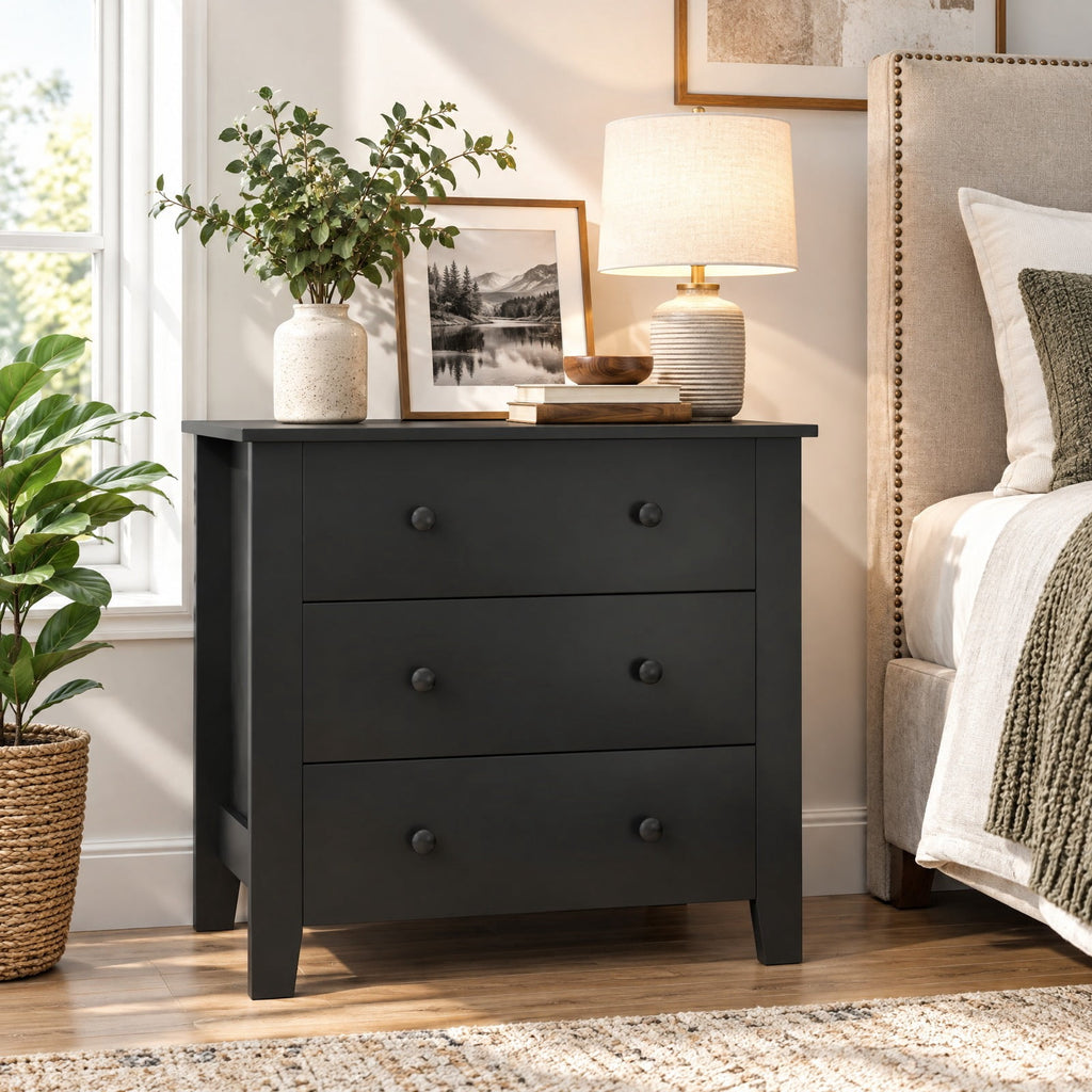 Airfind 3 Drawer Dresser Chest of Drawers Bedside Table-Black Wood Grain, MDF Frame, 28in x 18in x 26in Footprint, Dark Brown
