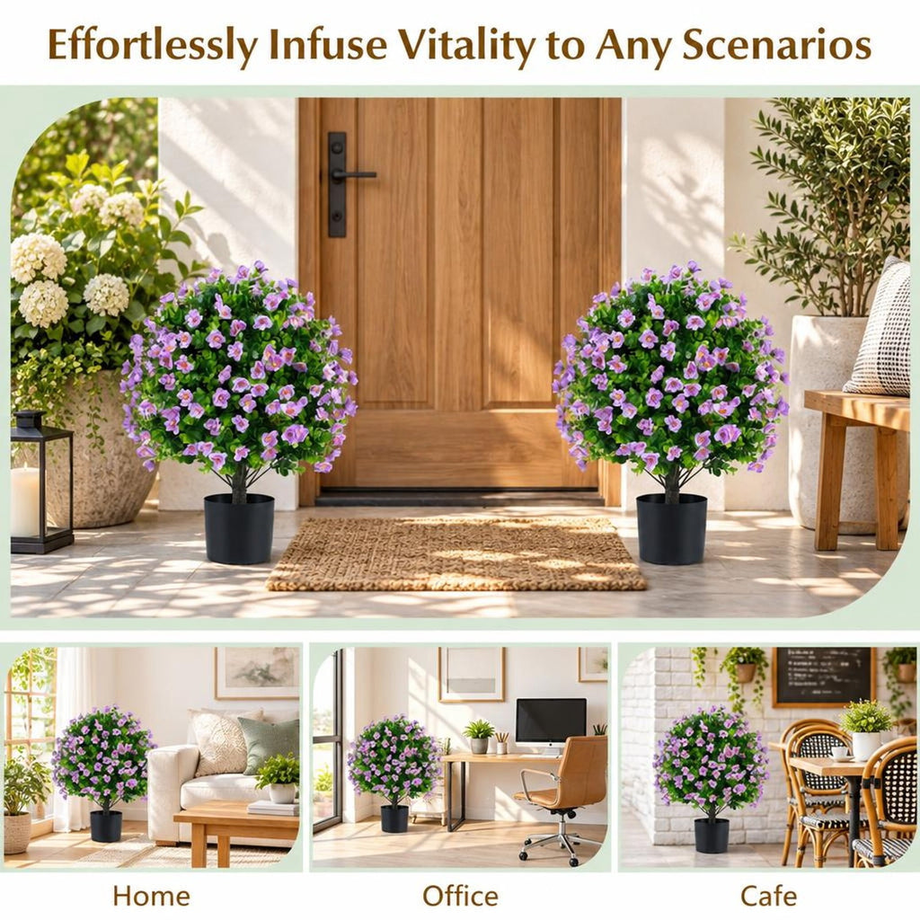 Airfind 2 Pack Artificial Eucalyptus Topiary Trees with Flowers and Cement Planter for Home, PE PP Cement Foam Frame, Purple