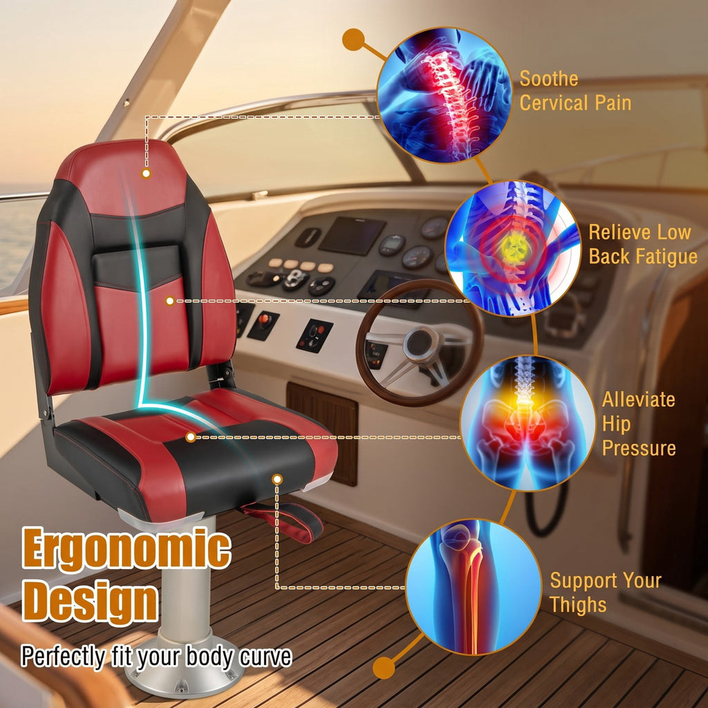 Airfind High Back Folding Boat Seat with Padded Sponge Cushion and Aluminum Hinges for Fishing and Pontoon Boats, Red and Black