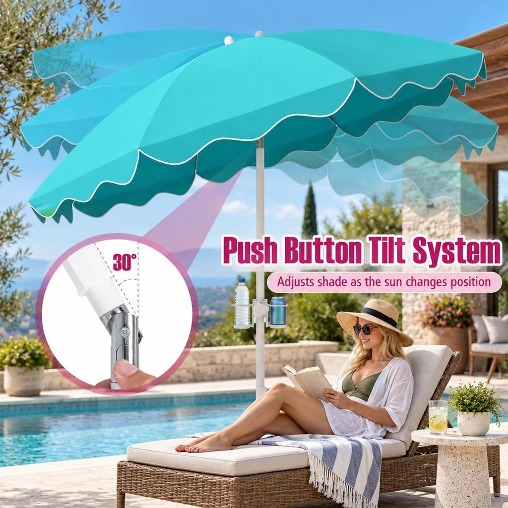 Airfind 6.5 FT Beach Umbrella UPF 50+ with Sand Anchor for Garden Pool, Polyester Fabric Metal Aluminum Alloy PP Frame, Turquoise Stripe