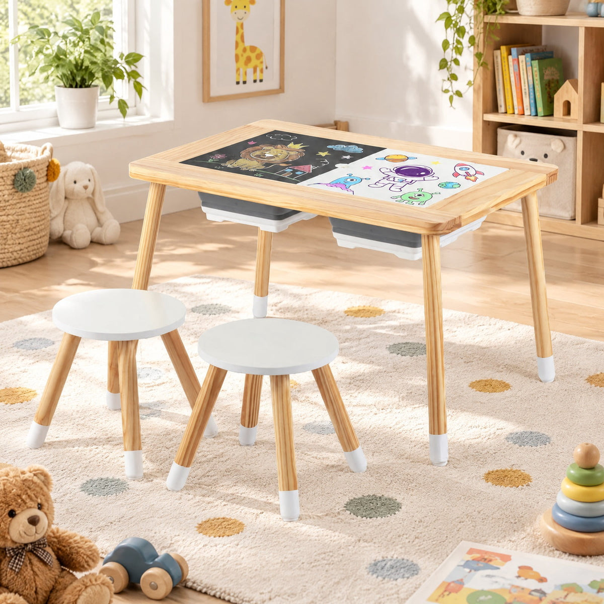 Airfind Wooden Kids Activity Table Set with Double-Sided Boards, 200 lbs Capacity, Pine Wood MDF Frame, 32 x 23 x 19.5 Footprint, Natural