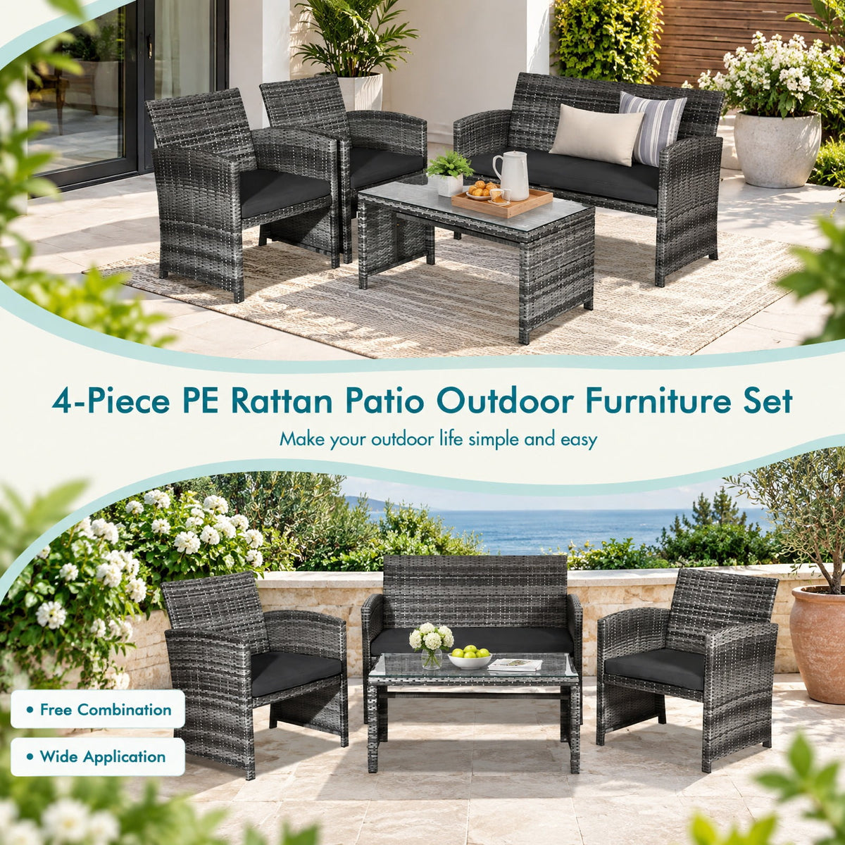 Airfind 4 Pieces Patio Rattan Furniture Set with Glass Table and Loveseat, PE Rattan Polyester Fiber Steel Sponge Single Sofa Frame, Black