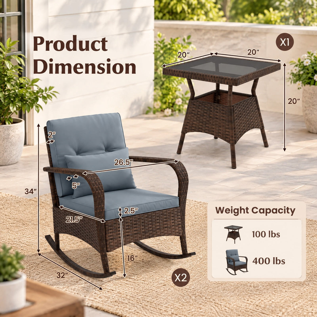 Airfind 3 Piece Outdoor Rocking Set with Tempered Glass Coffee Table for Backyard Poolside, PE Rattan Metal Tempered Glass Polyester Sponge Frame