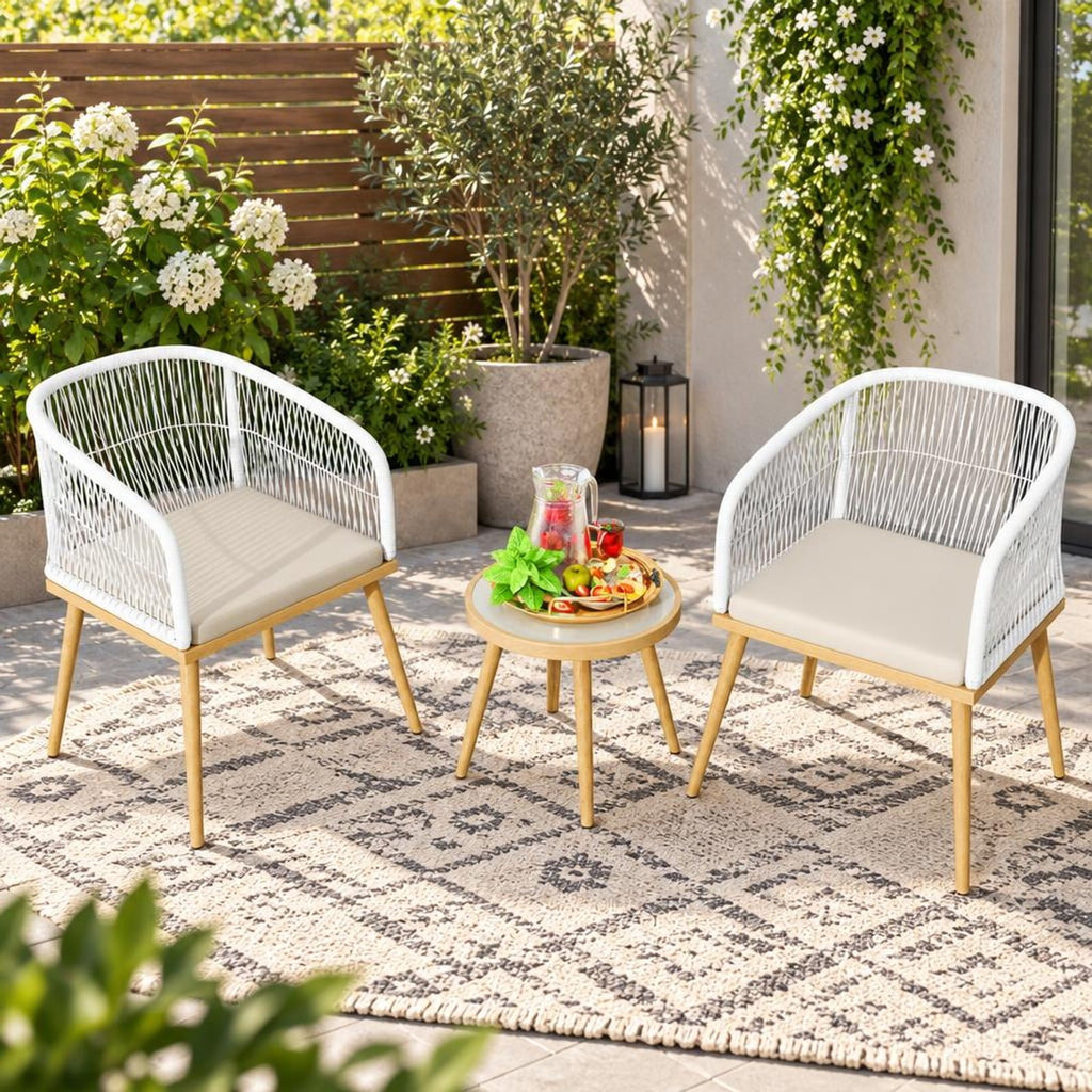 Airfind 3 Pieces Outdoor Bistro PE Wicker Conversation Furniture Set, 100 lbs Capacity, 18 x 16 Footprint, White