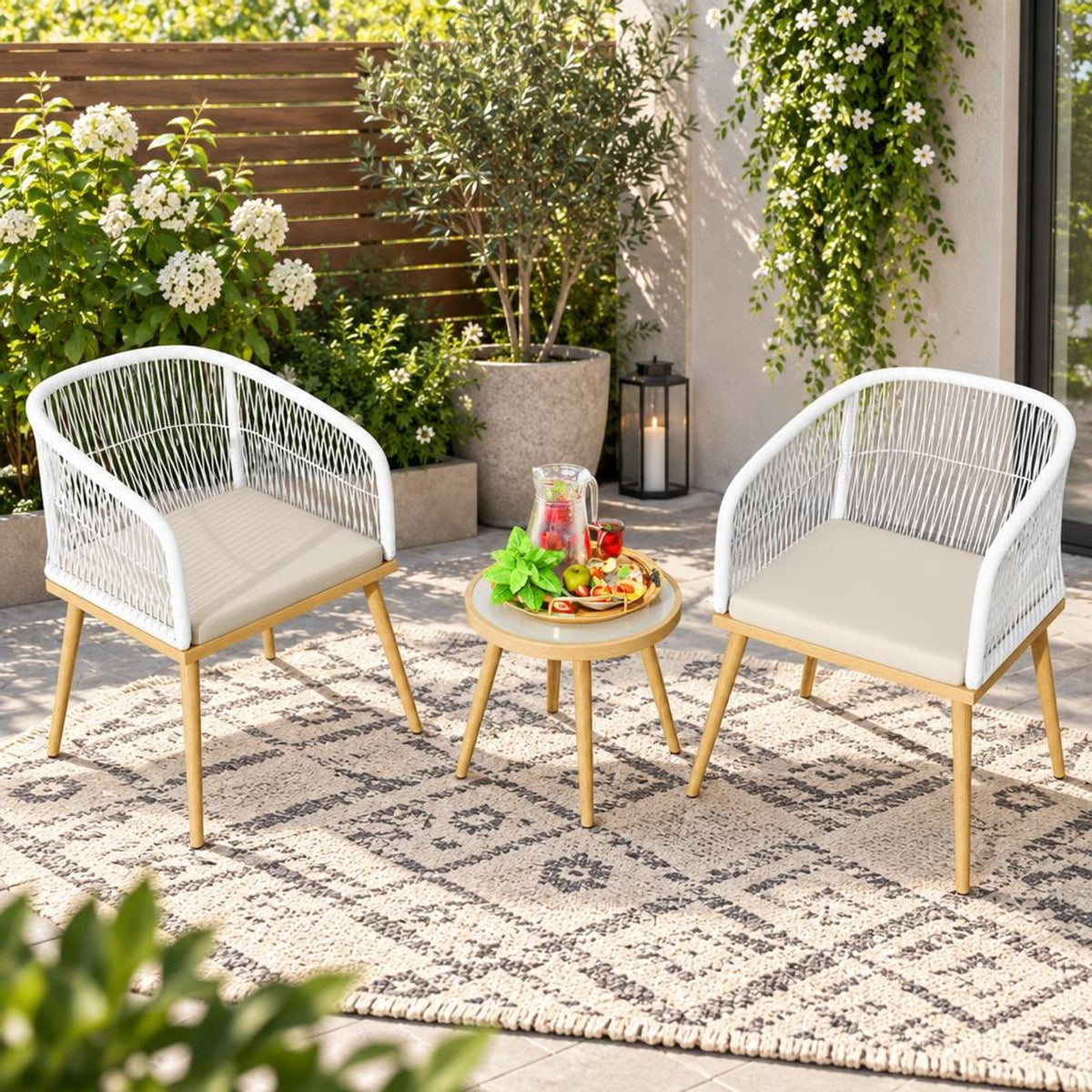 Airfind 3 Pieces Outdoor Bistro PE Wicker Conversation Furniture Set, 100 lbs Capacity, 18 x 16 Footprint, White