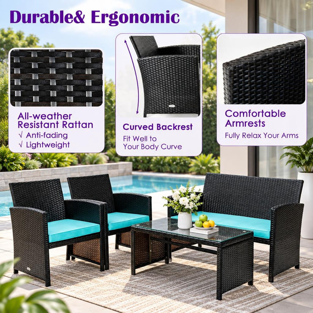 Airfind 4 Pieces Patio Rattan Cushioned Furniture Set, Rattan Frame, 43.5 x 25 x 31 Footprint, Product dimension of loveseat 43.5 x 25