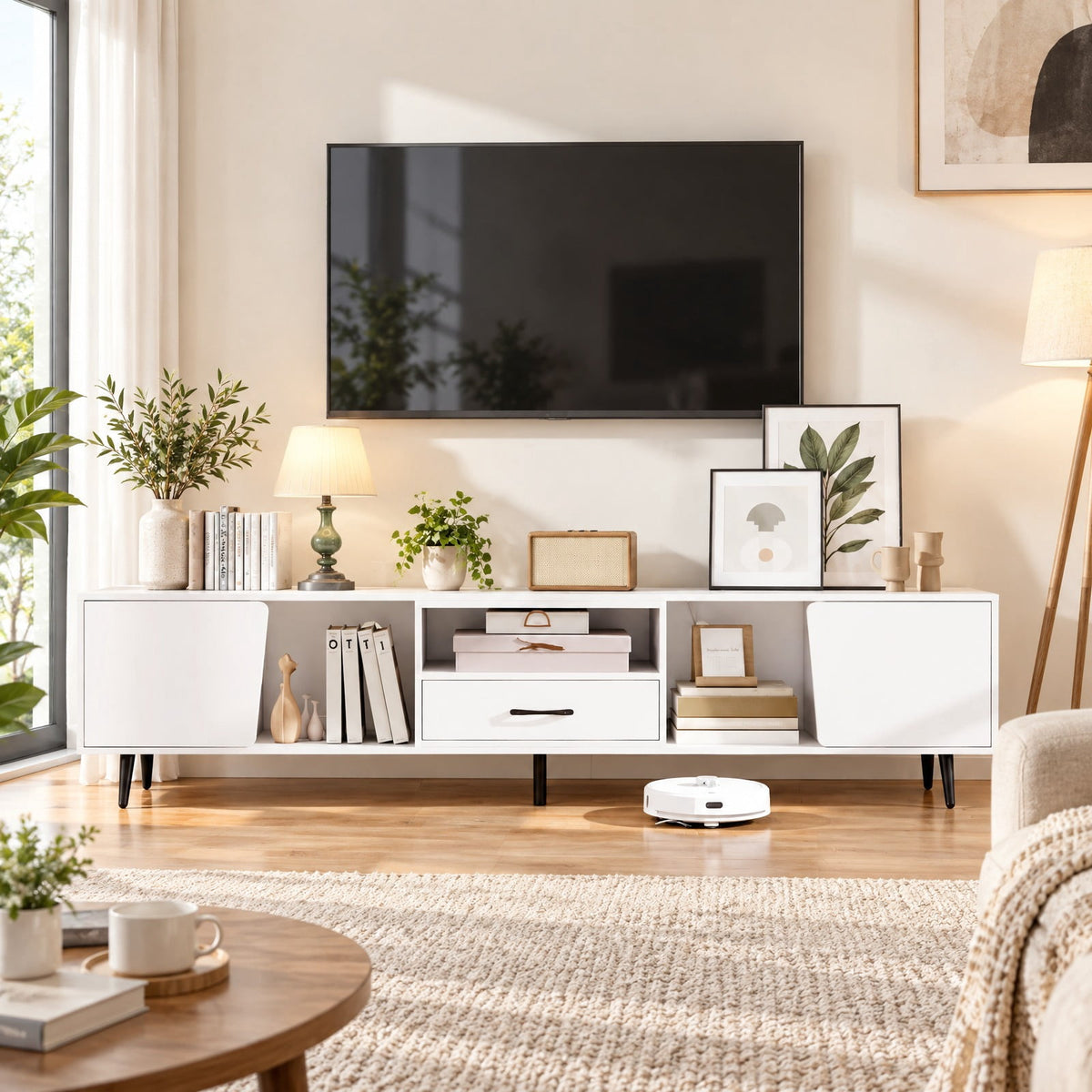 Airfind 79 Inch TV Stand for TVs up to 90 Inches Entertainment Center Wood Media Console Table Modern Mid Century TV Cabinet, 200 lbs Capacity, White