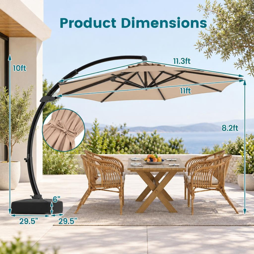 Airfind 11 FT Cantilever Patio Umbrella with Base with 360° Rotation and Tilt Adjustment, Polyester Fabric Aluminum Metal Frame, Brown
