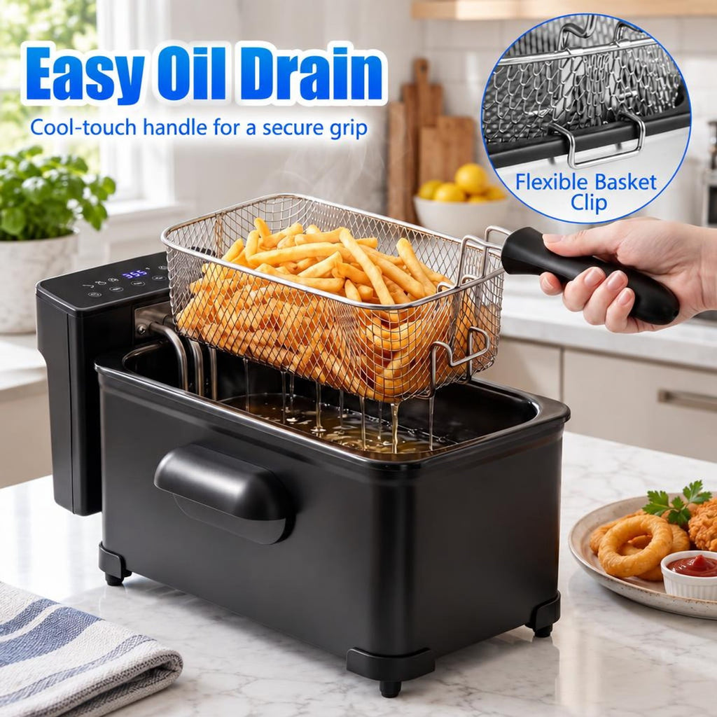 Airfind 3.2-Qt Electric Deep Fryer featuring 1700W LED Touch Screen and Enamel Oil Tank, Stainless Steel PP Enamel Frame, Black