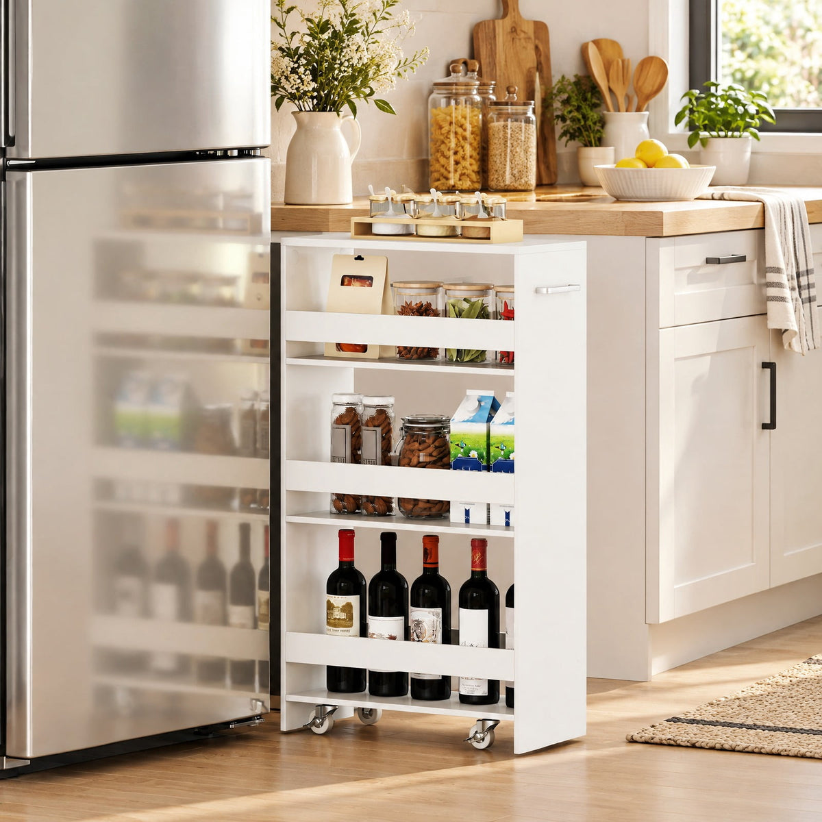 Airfind 4-Tier Rolling Storage Cart Slim Kitchen Cart on Wheels with Open Shelves and Handle, 15 lbs Capacity, Engineered Wood Metal Frame, White