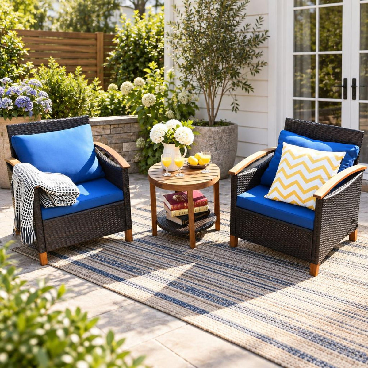 Airfind 3 Pieces Patio Rattan Furniture Set with Washable Cushion and Acacia Wood Tabletop, 360 lbs Capacity, 26 x 27.5 x 31 Footprint, Blue