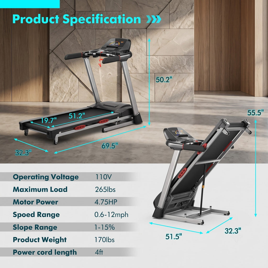 Airfind 4.75 HP Folding Treadmill for Home, Electric Running Machine with Auto Incline, 20 Preset Programs, Bluetooth Speaker and LED Display, 265 lbs Capacity, Black