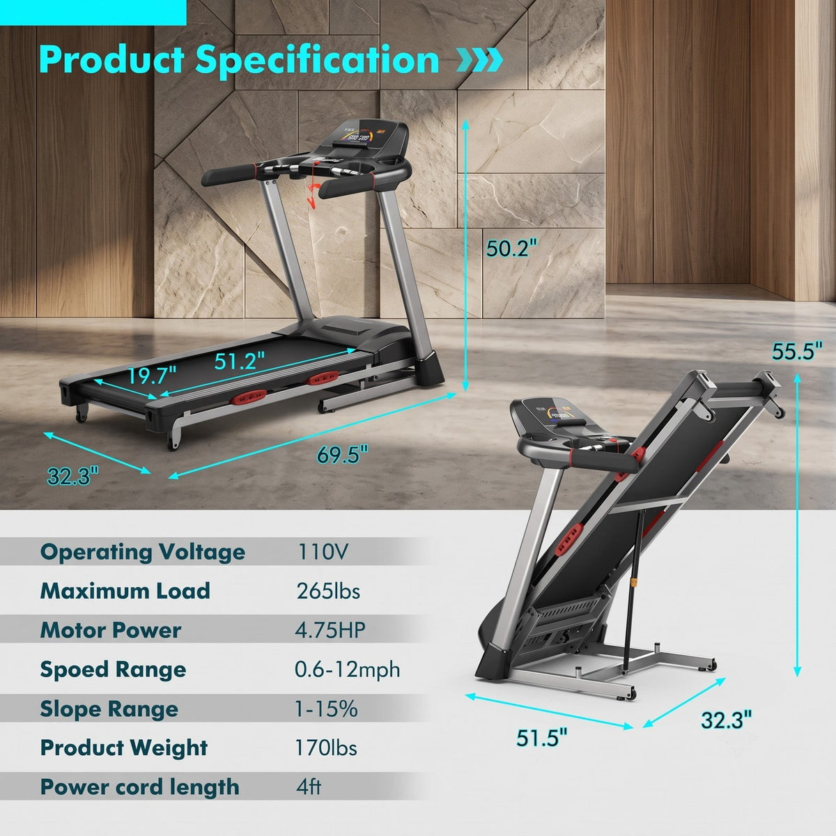 Airfind 4.75 HP Folding Treadmill for Home, Electric Running Machine with Auto Incline, 20 Preset Programs, Bluetooth Speaker and LED Display, 265 lbs Capacity, Black