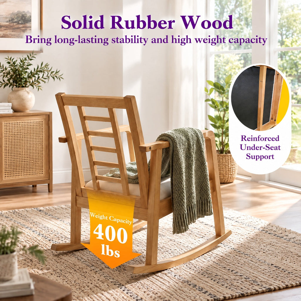 Airfind Wooden Rocking Chair with Upholstered Seat and Ladder Back for Living Room, 400 lbs Capacity, Rubber Wood Faux Leather/Fabric Sponge Frame