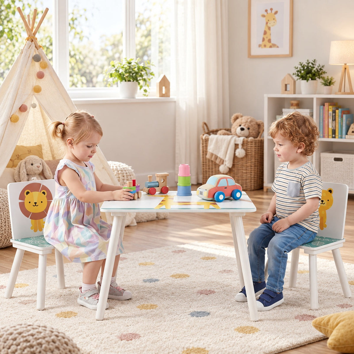 Airfind 3 Pieces Kids Table and Chairs Set with Animal Patterns for Aged 3-6 Years Old, 44 lbs Capacity, Pine Wood, for 3-6 Years Old