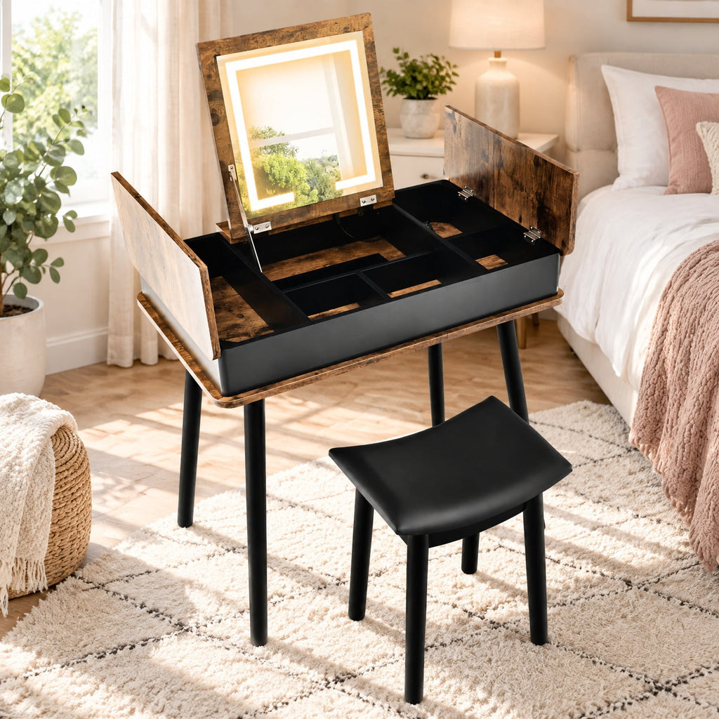Airfind Vanity Table Set with Flip Top Mirror Lights USB Writing Desk and Stool, 99 Lbs Capacity, MDF Pine Wood Glass Sponge PU Leather, Brown