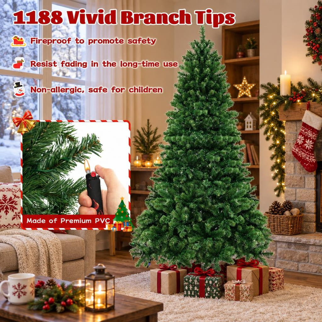 Airfind 6/7/8 Feet Hinged Christmas Tree with PVC Branch Tips Warm White LED Lights-7 ft, PVC Metal Frame, White