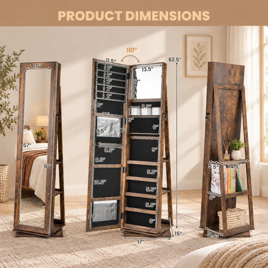 Airfind 360° Swivel Jewelry Armoire Standing Jewelry Organizer with Full Length Mirror and Back Shelves, MDF Glass Frame, Brown
