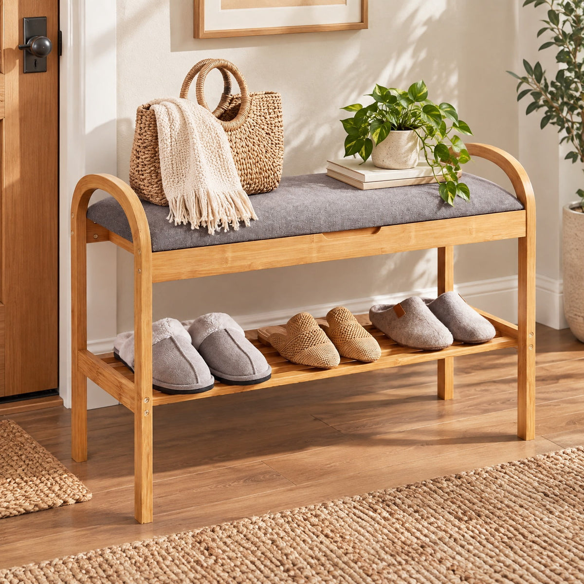 Airfind 2-Tier Bamboo Shoe Bench with Storage and Padded Cushion, 330 lbs Capacity, Bamboo Polyester Fabric Sponge Frame, Gray