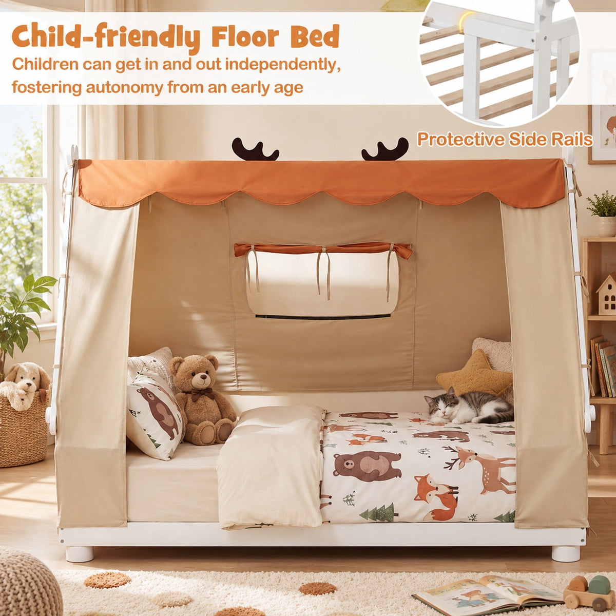Airfind Twin Size House Floor Wood Bed with Tent, 350 lbs Capacity, Pine Wood Plywood Dutch Velvet Fabric Frame, 81 Inch x 41 Inch x 63 Inch Footprint, White