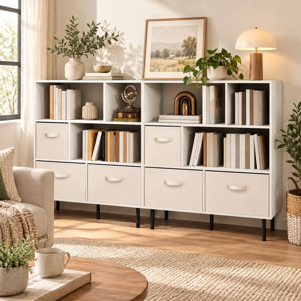 Airfind 6-Cube Bookshelf with 3 Removable Folding Fabric Drawers for Living Room, 330 lbs Capacity, Metal Engineered Wood Frame, White