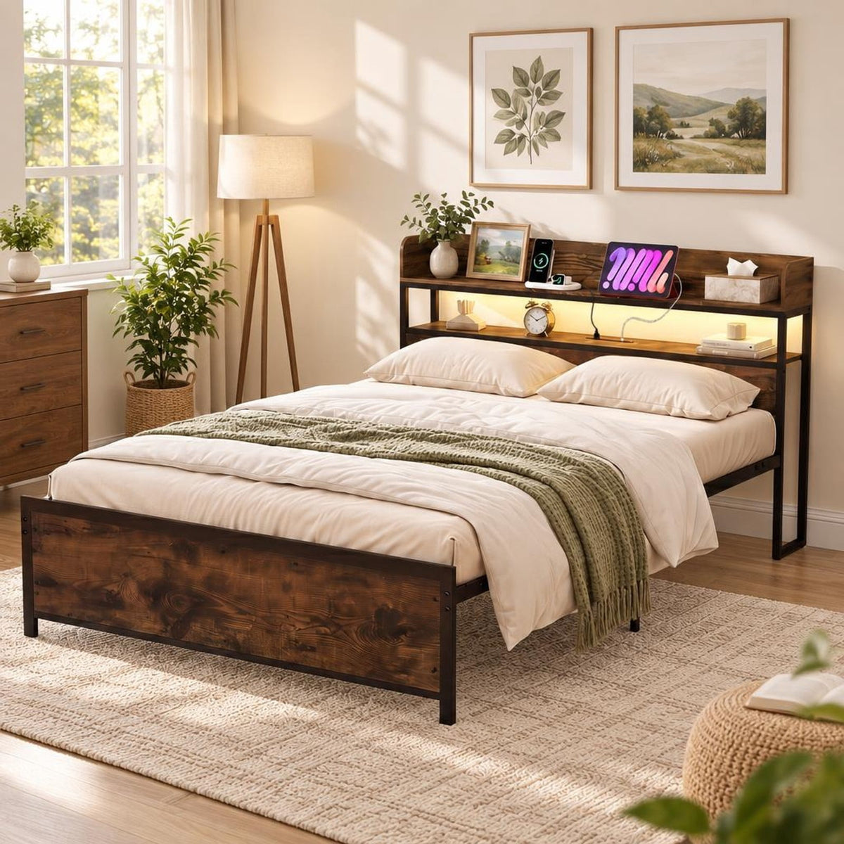 Airfind LED Bed Frame with Power Outlets and Storage Headboard, 1000 lbs Capacity, Engineered Wood Metal MDF Frame